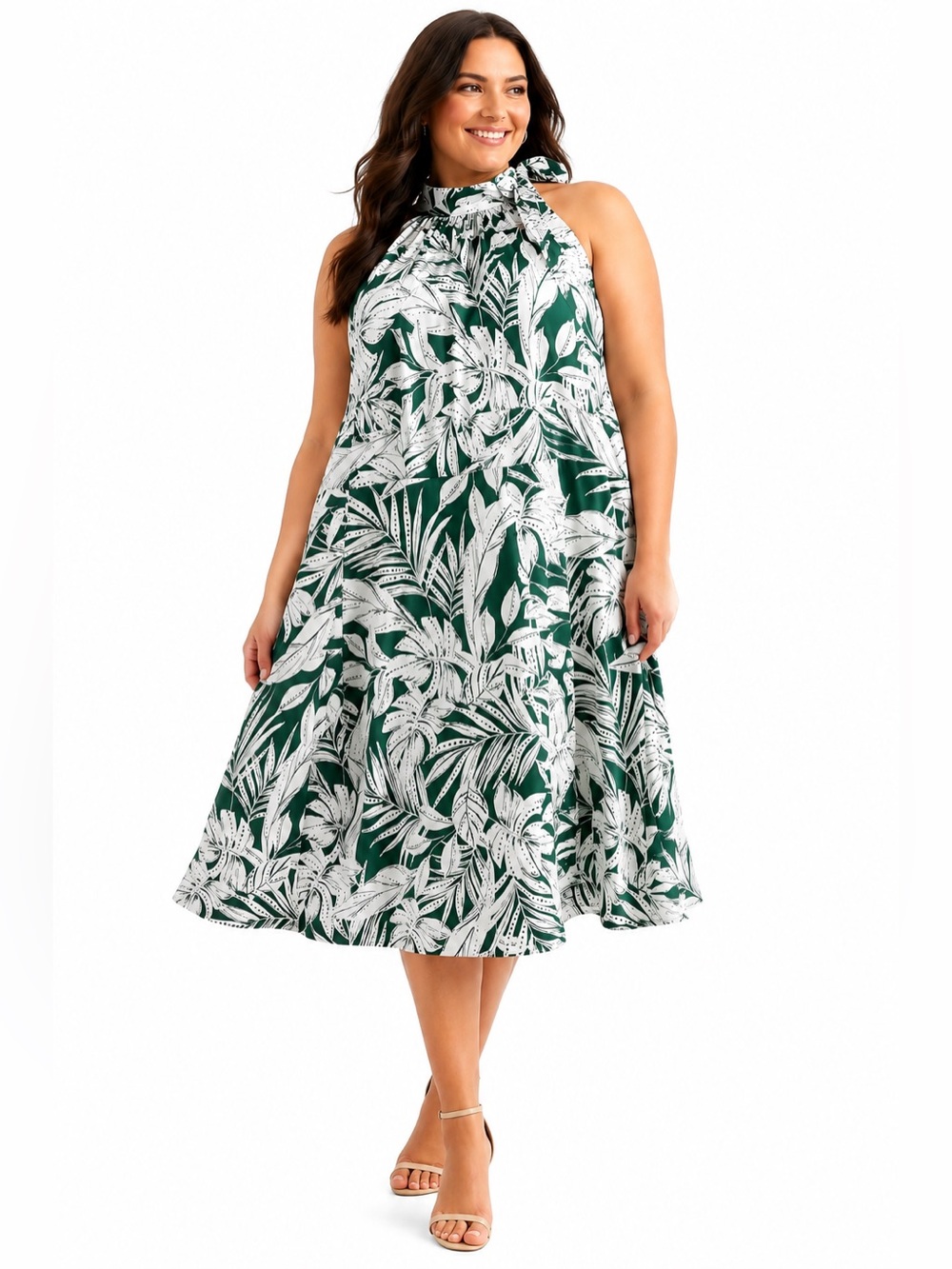 Lane Bryant Tropical Palm Print Halter Midi Dress NWT Size 18/20 Plus Tie Neck